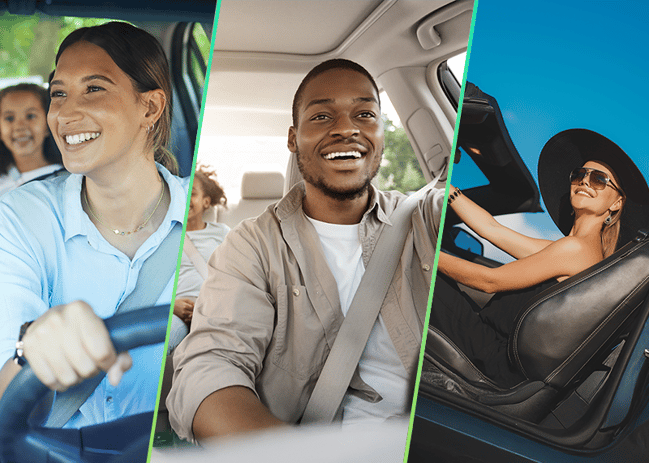 Diverse men and women smillng driving car
