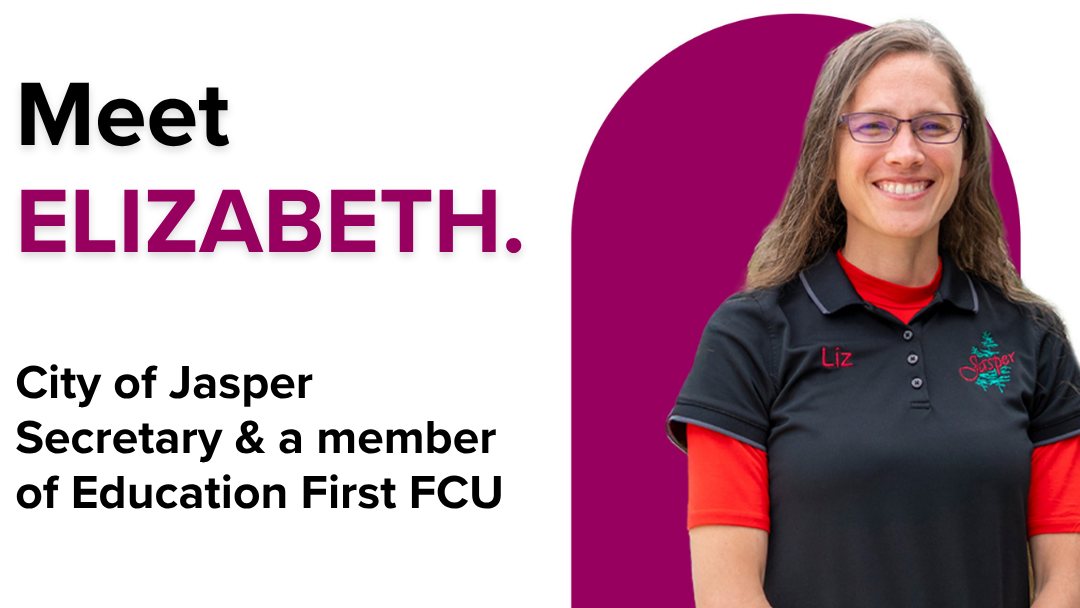 Elizabeth, City Secretary for the City of Jasper, smiling in a black City of Jasper polo against a magenta background shape. Text reads: "Meet Elizabeth. City of Jasper Secretary & a member of Education First FCU." Elizabeth, City Secretary for the City of Jasper, smiling in a black City of Jasper polo against a magenta background shape. Text reads: "Meet Elizabeth. City of Jasper Secretary & a member of Education First FCU."